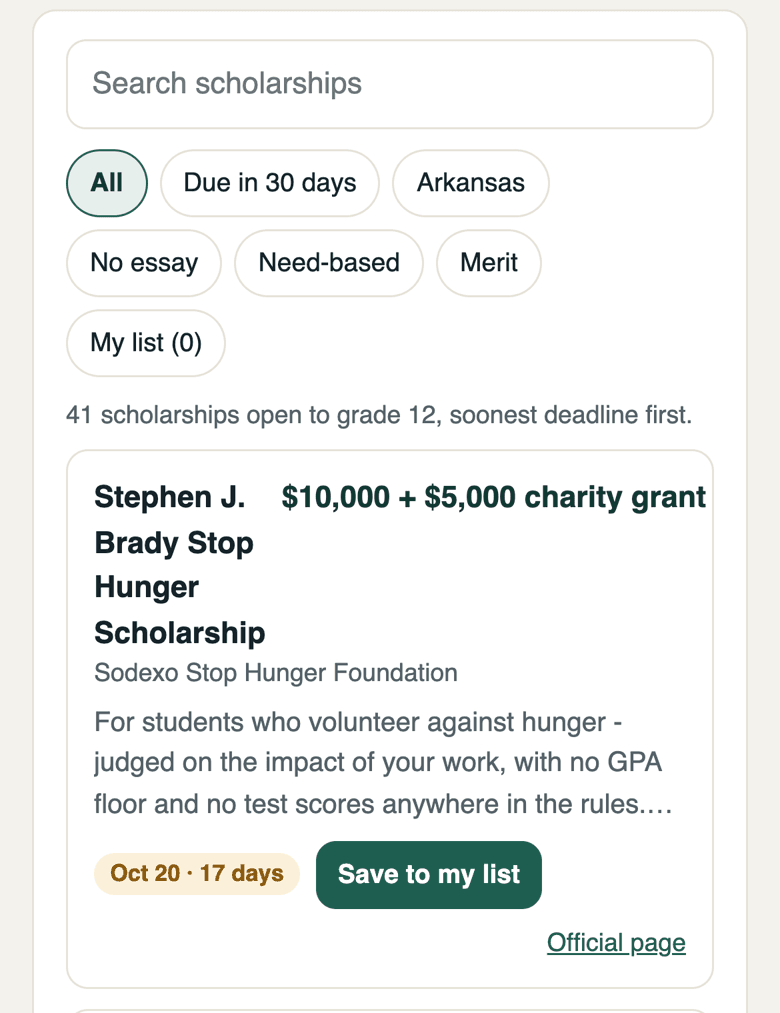 A student's scholarship list in Homebook: search box, filters for due in 30 days, Arkansas, no essay, need-based and merit, and a scholarship with its deadline and a Save to my list button. Sample student.